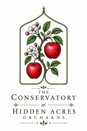 Logo featuring two red apples and blossoms with text for Hidden Acres Orchards.