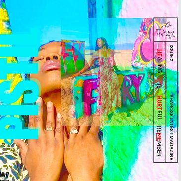 Colorful magazine cover featuring Pharose in vibrant art and desert.