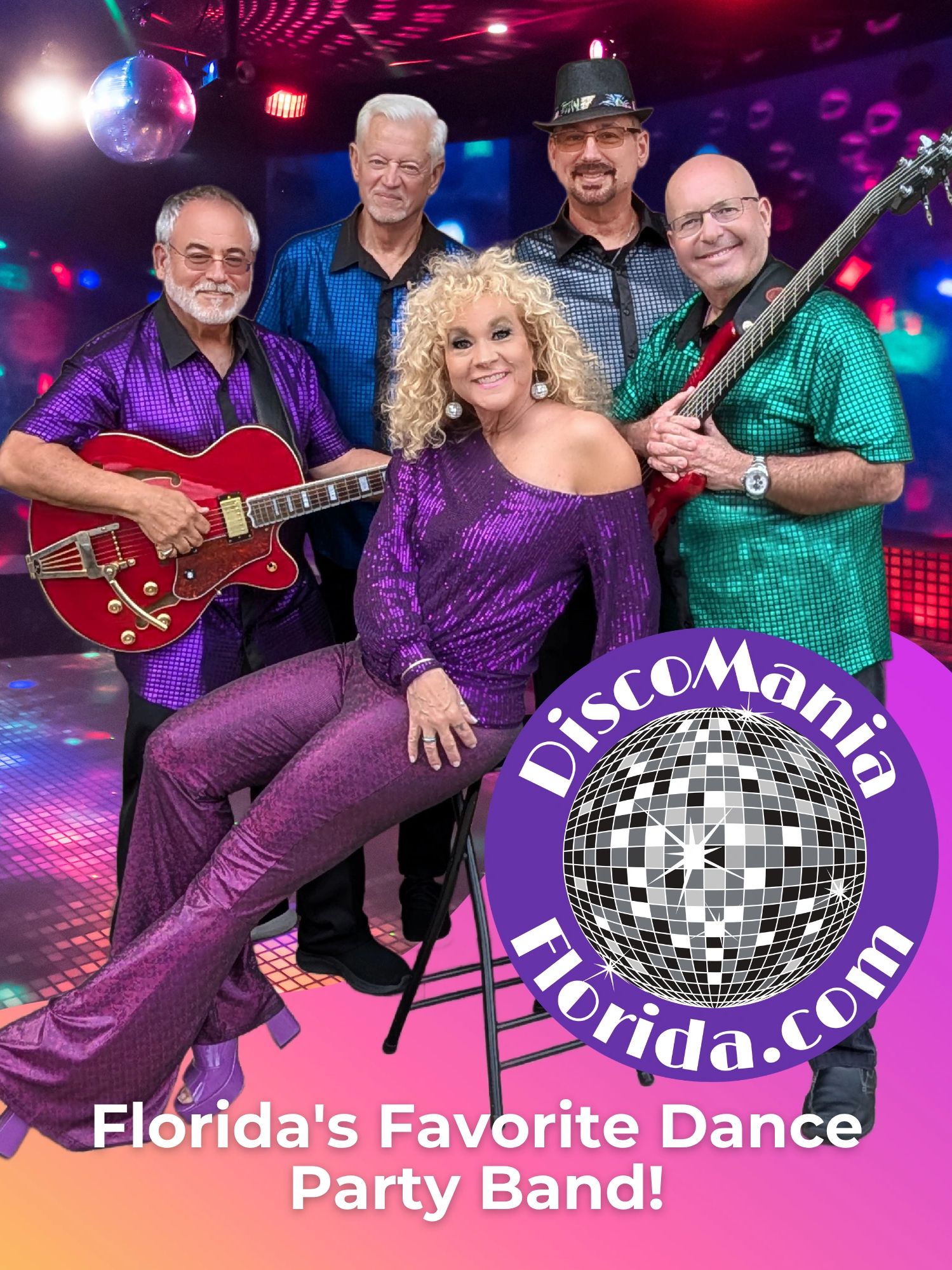 A vibrant disco band in colorful outfits posing with guitars under a disco ball.