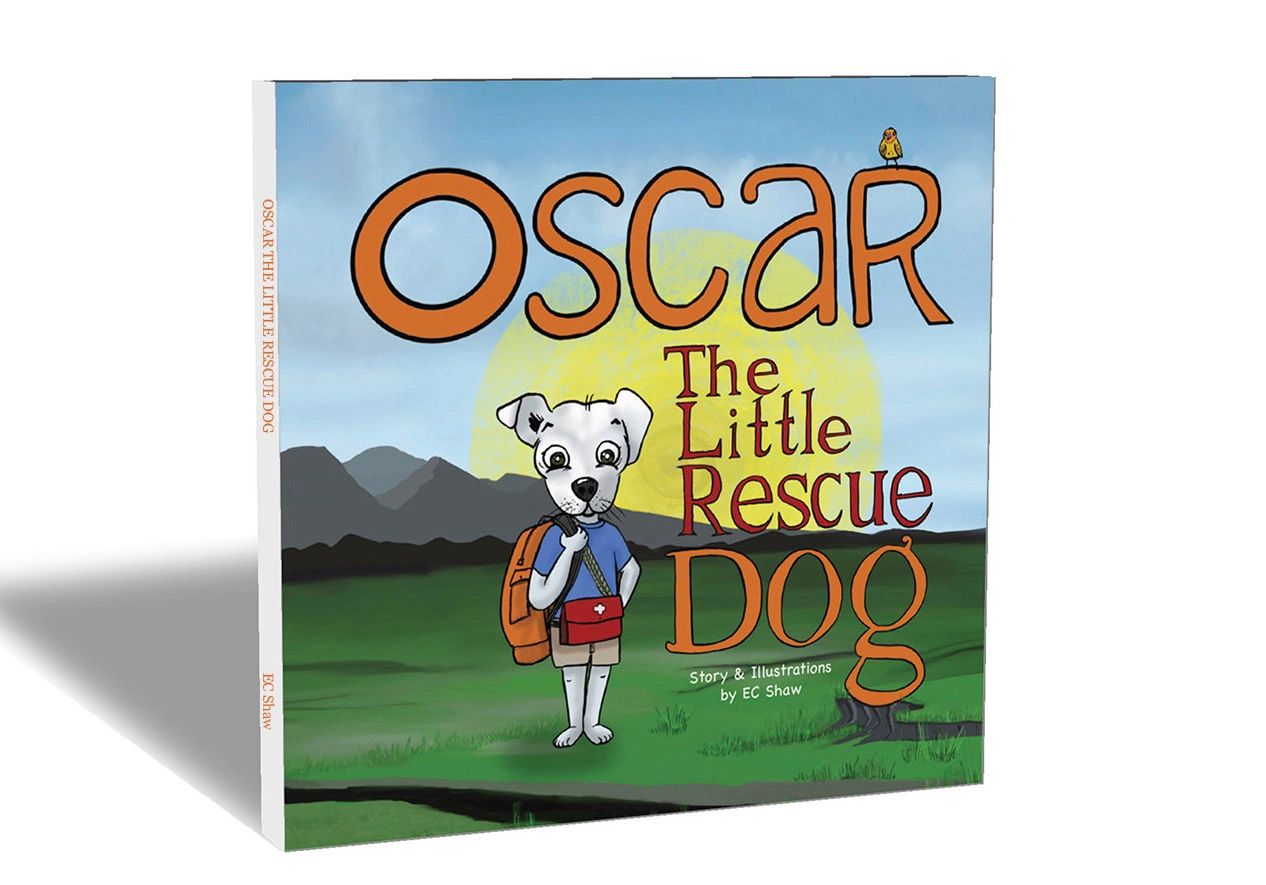 Children's book cover featuring Oscar, a little rescue dog with a backpack.