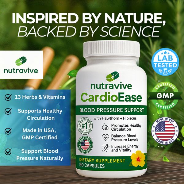 Nutravive Blood Pressure support, Made in USA, with Hawthorn, Garlic and Hibiscus, GMP and Lab Tested