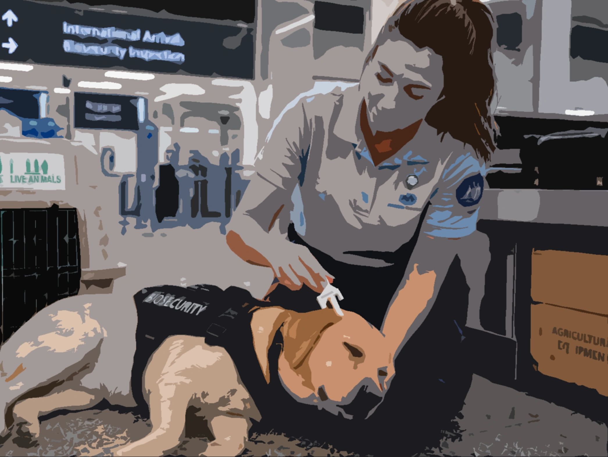 Therapist gently strokes a calm therapy dog wearing a security vest indoors.