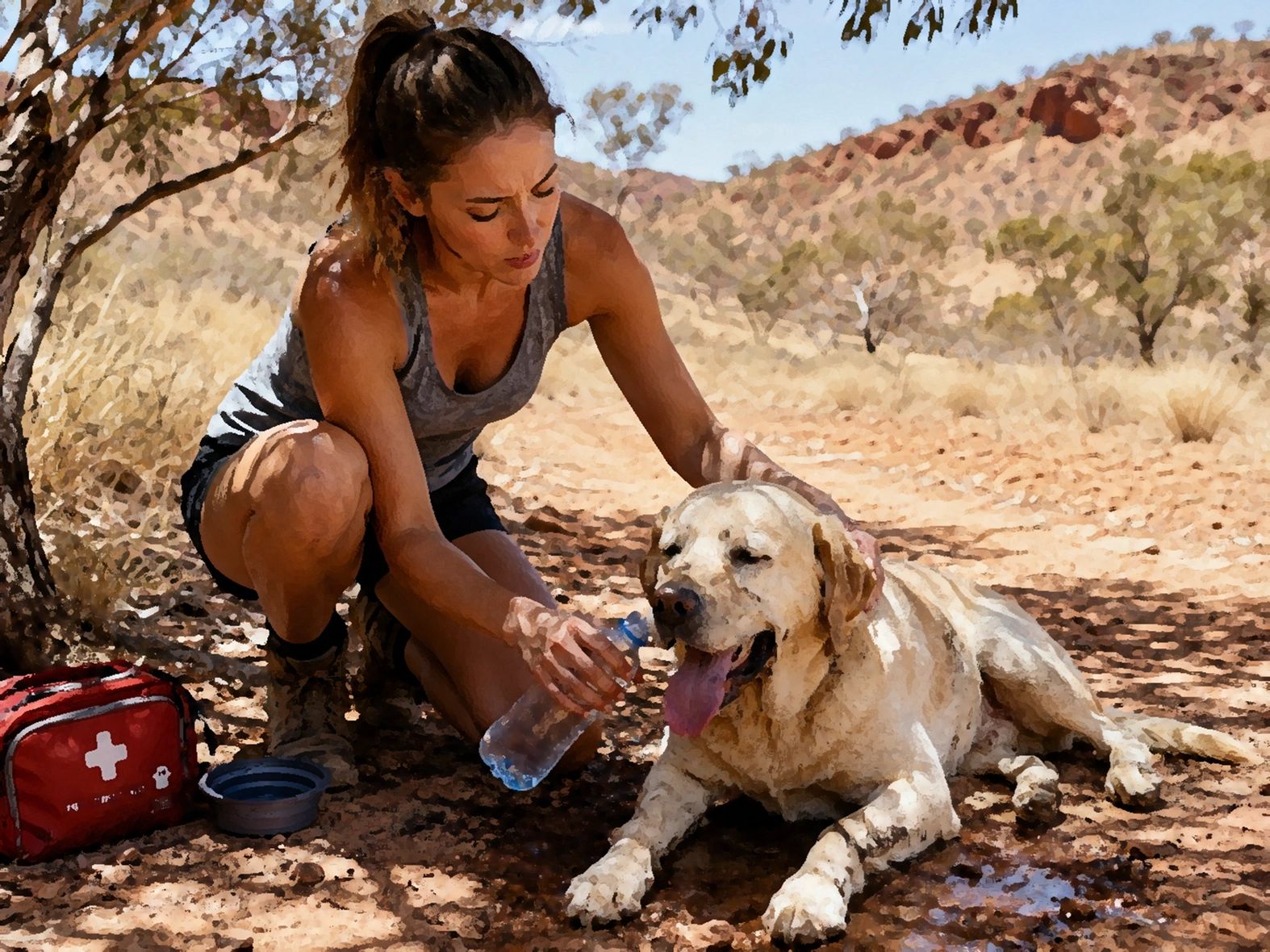 Woman giving water to her dog in a dry, sunny outdoor setting.