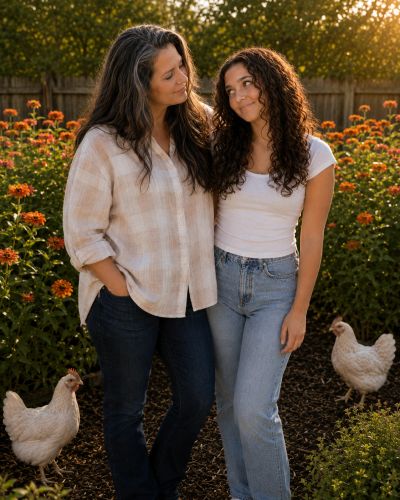 Mother and daughter standing in garden with chickens.