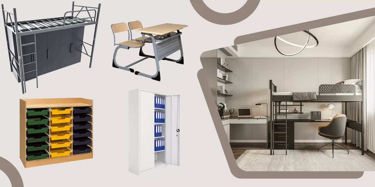 A modern loft bed with integrated desk and storage, plus various office and classroom furniture.