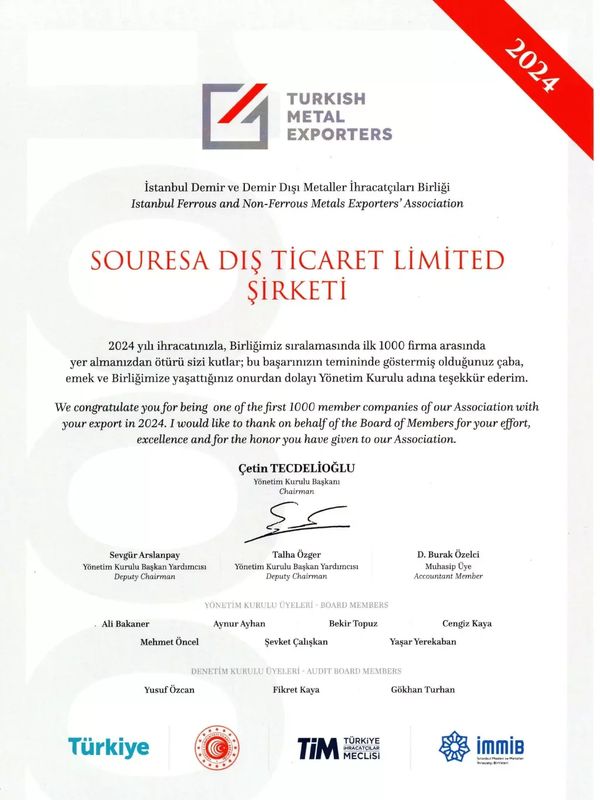 Certificate honoring SOURESA DIŞ TİCARET LİMİTED ŞİRKETİ as a top 1000 Turkish metal exporter in 2024.