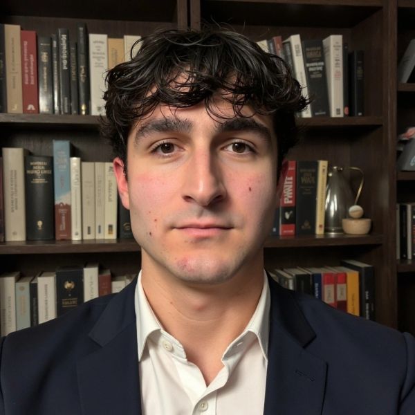Young man in formal attire posing in front of a bookshelf.