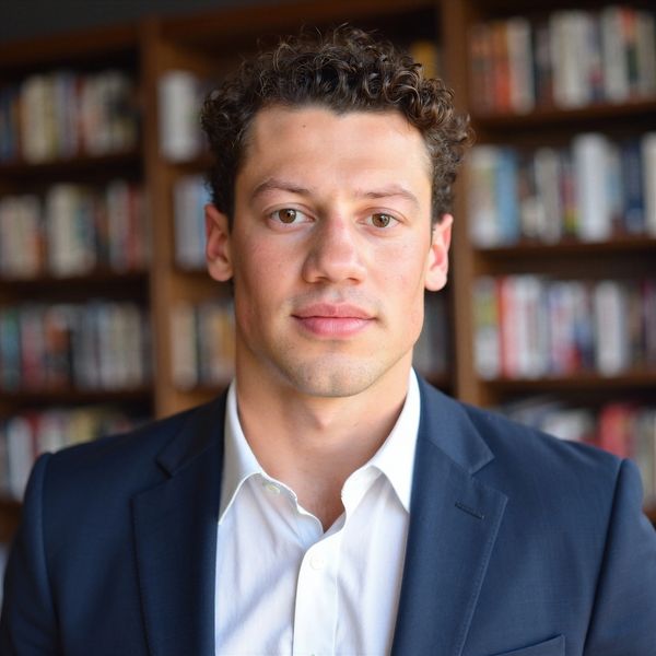 Professional young man in a suit with a bookshelf background.
