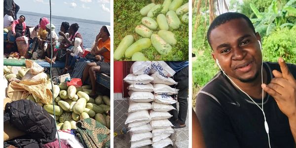 People on a boat with melons, stacked bags of rice, and a smiling man outdoors.