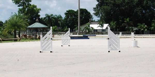 Empty horse jumping arena with white fences and green surroundings.