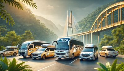 A fleet of 2H Travel buses and vans in a scenic mountainous area near a bridge.