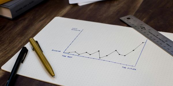 A hand-drawn line graph on dotted paper with pens and a ruler.