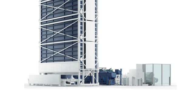 A modern automated vertical storage system with robotic components.