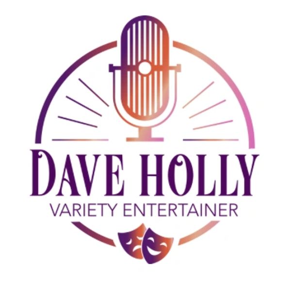 Logo for Dave Holly, a variety entertainer, featuring a vintage microphone and comedy masks.