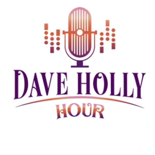 Logo featuring a vintage microphone with sound waves and the text 'Dave Holly Hour'.
