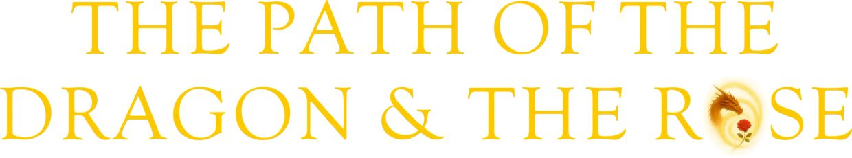 Gold text with dragon and rose illustration.