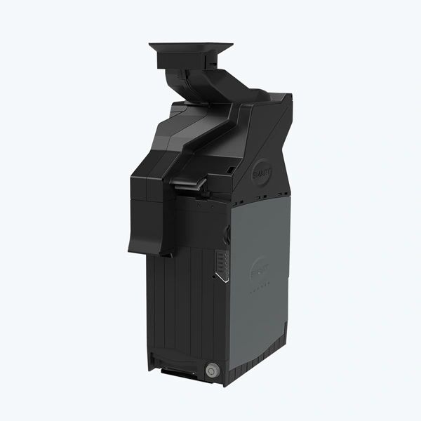 Black modern electronic device with angular design against white background.