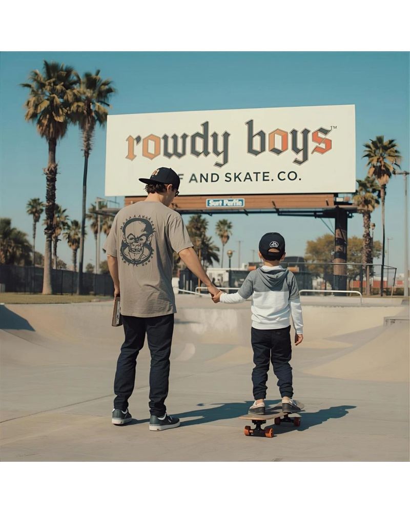 Man holding child's hand while kid rides skateboard at skate park.