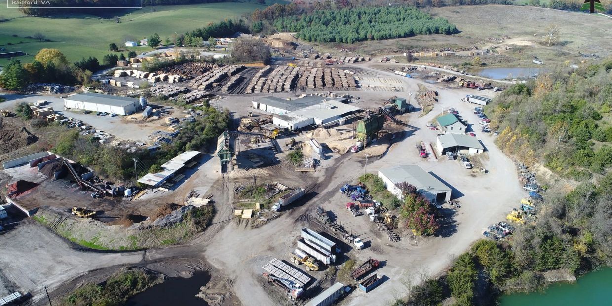 Aerial view of an industrial lumber yard in Radford, VA.