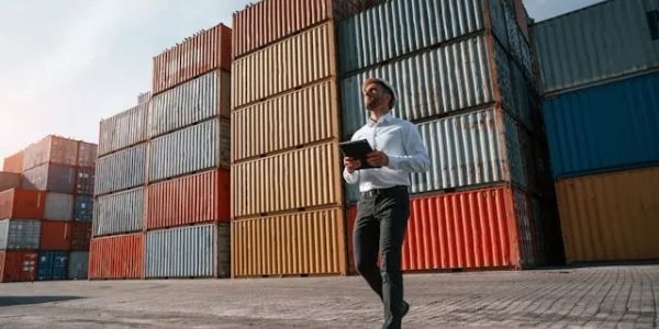 Man inspecting stacked shipping containers with a tablet.