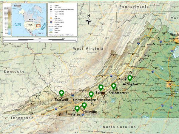 Map of Southwest Virginia with marked towns.
