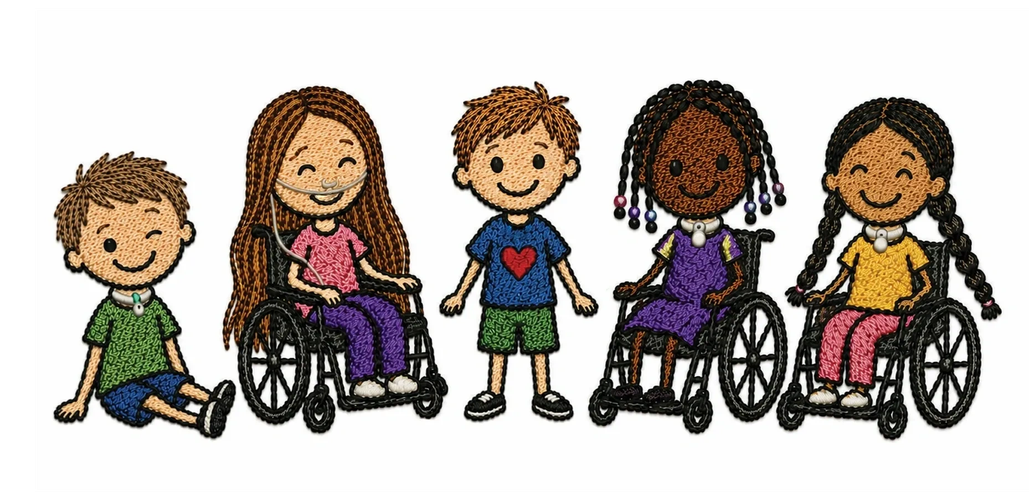 Happy children with and without wheelchairs, embroidered style.