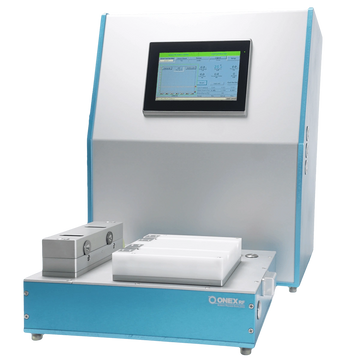 Laboratory equipment with digital display and blue base labeled ONEX RF.