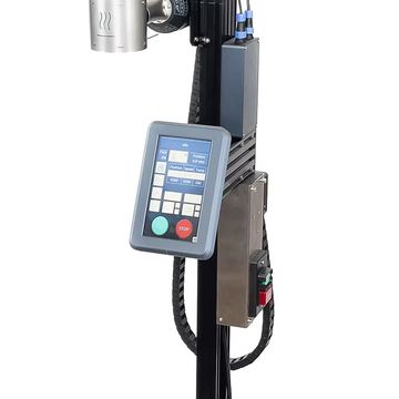 Industrial machine control panel with display and buttons on a vertical black frame.