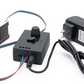 Stepper motor kit with controller and power adapter.