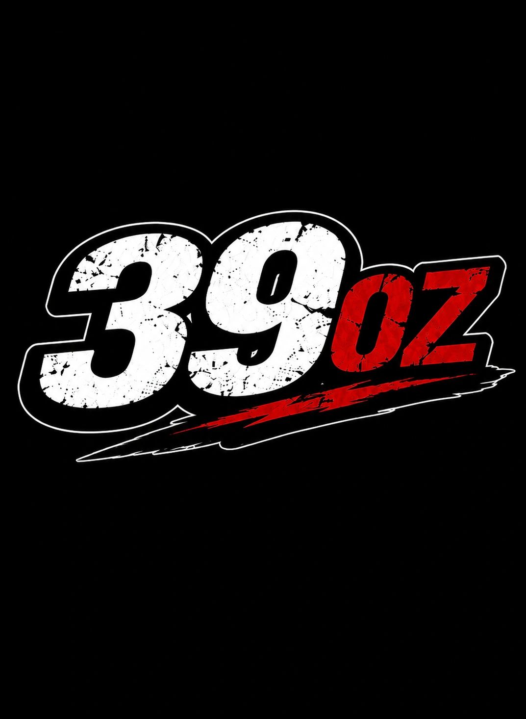 Logo 39oz rouge et blanc sur fond noir.