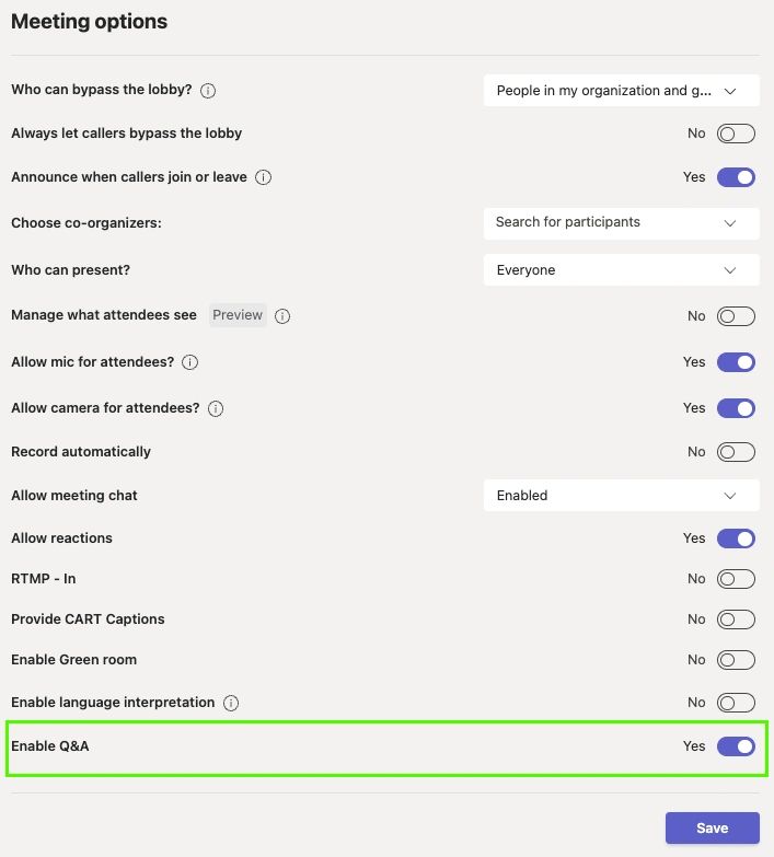 Enable Q&A in Teams Meetings via Meeting Options