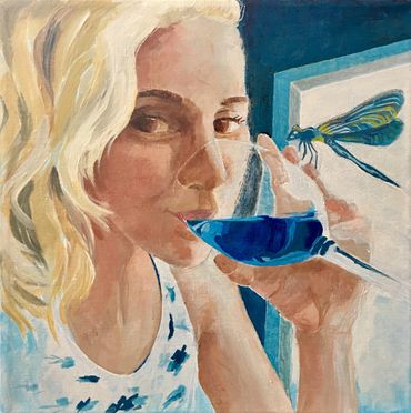 Delia, blue wine and the dragonfly.
(SOLD)