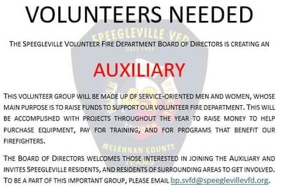 Volunteer recruitment flyer for Speegleville Volunteer Fire Department Auxiliary.