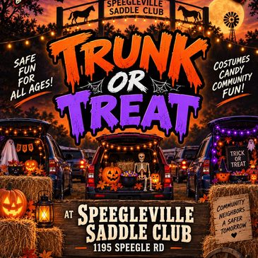 Trunk or Treat event at Speegleville Saddle Club with Halloween decorations and pumpkins.