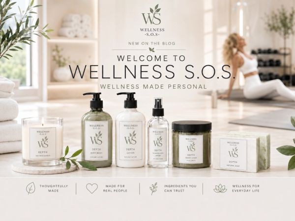 Wellness S.O.S. personal care products displayed with woman exercising in background.