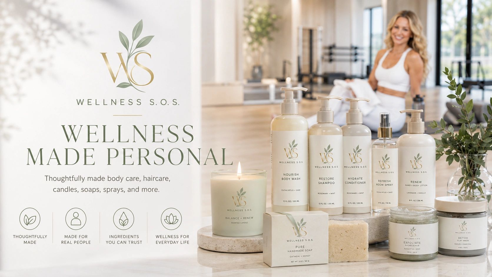 Wellness S.O.S. body care, candles, soaps, and sprays in a bright, upscale fitness-spa setting.