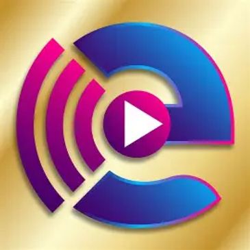 Colorful play button with signal waves on a golden background.