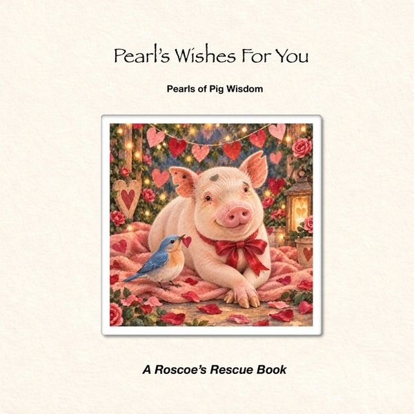 A cute pig with a bluebird and hearts decoration.