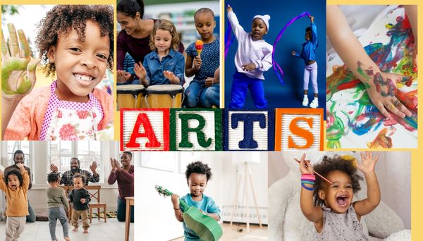 Children joyfully engage in various arts activities, from painting to music and dance.