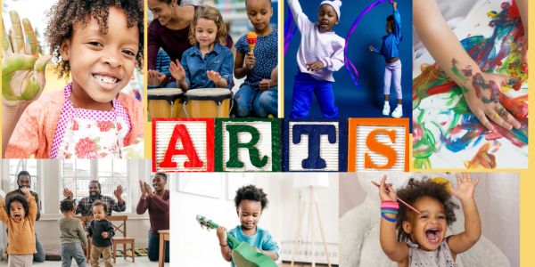 Children joyfully engage in various arts activities, from painting to music and dance.