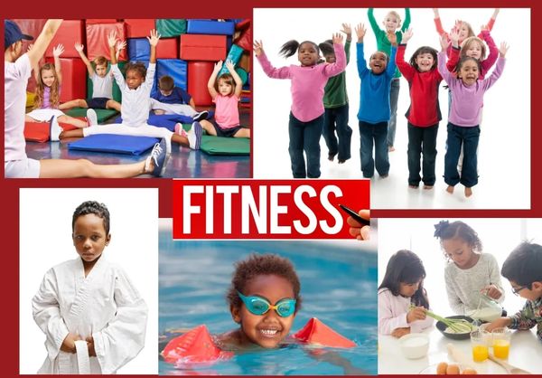 Collage of children engaging in fitness activities like stretching, swimming, and healthy eating.
