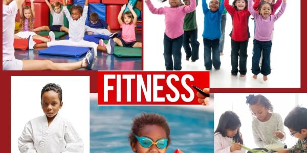 Collage of children engaging in fitness activities like stretching, swimming, and healthy eating.