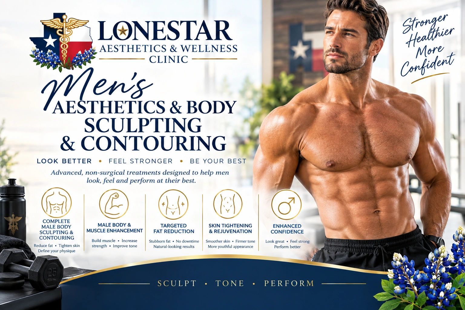 Men's body sculpting and contouring services at Lonestar Aesthetics &amp; Wellness Clinic.