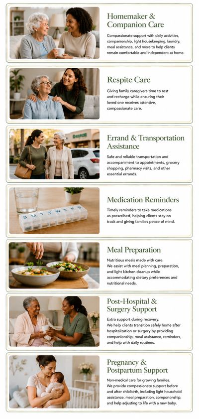 Various caregiving services including homemaker, respite care, errands, medication reminders, meal prep, post-hospital support, and postpartum care.