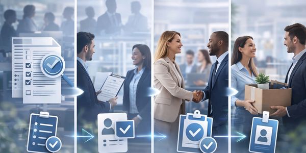 Business professionals progressing through hiring and onboarding stages.