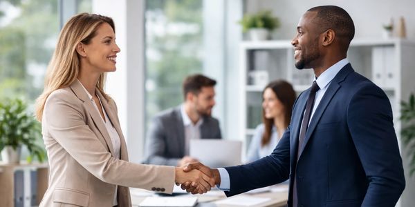 Two professionals shaking hands in a modern office setting.