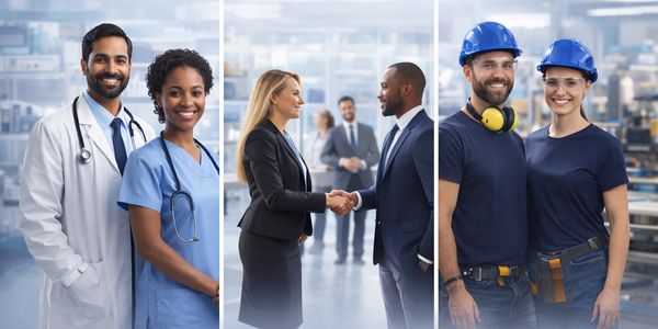 Professionals from healthcare, business, and construction sectors posing confidently.