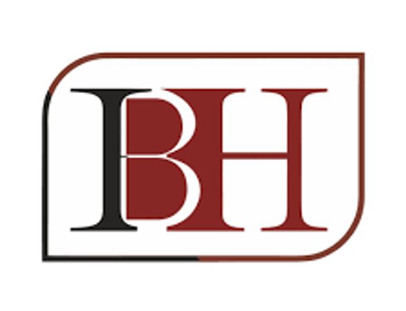 Logo featuring intertwined letters B and H in black and dark red.