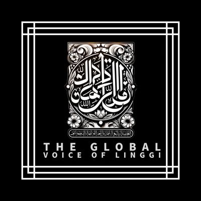 An intricate black and white logo with Arabic calligraphy and the text 'The Global Voice of Linggi'.