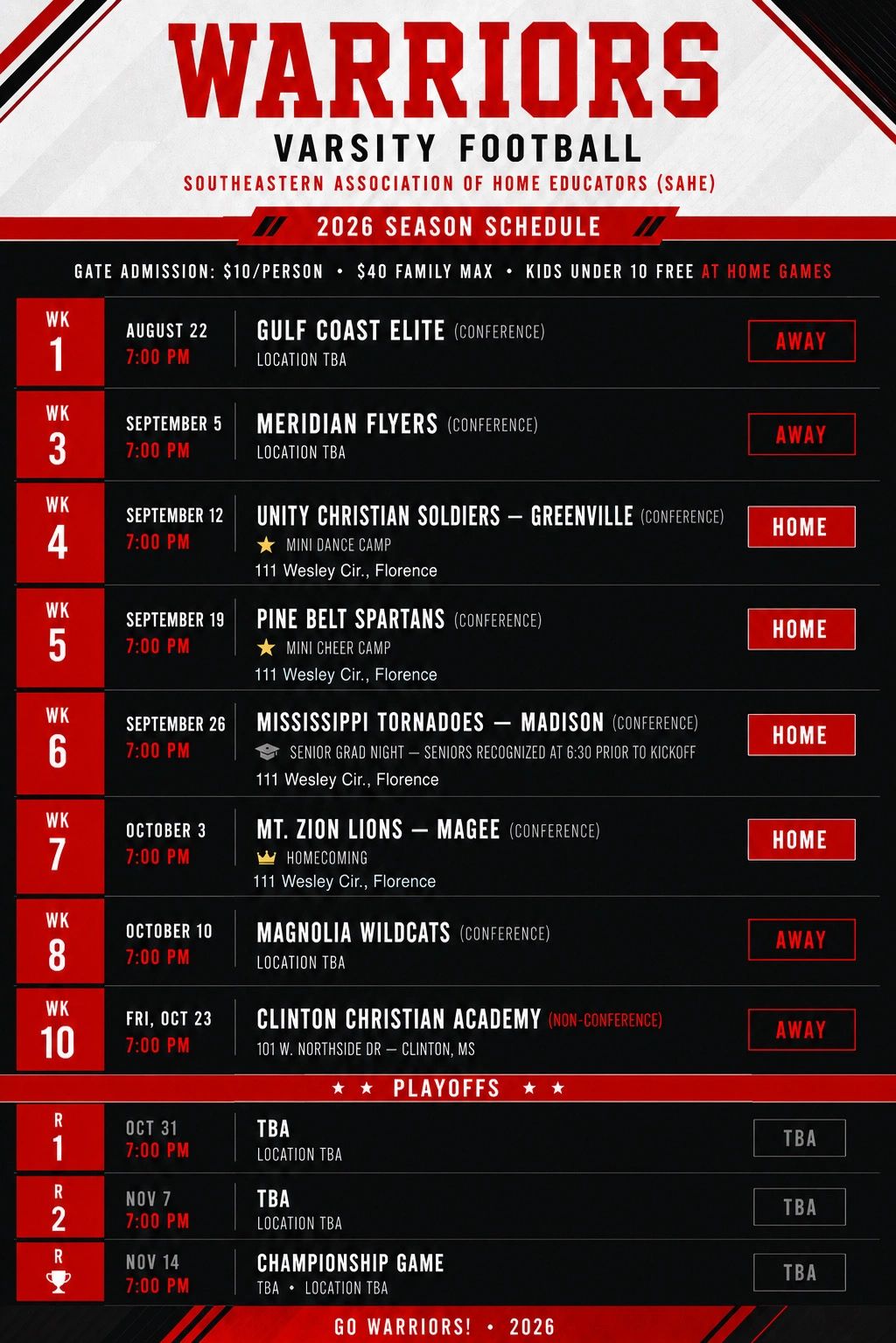 2026 Warriors Varsity Football season schedule with game dates and locations.